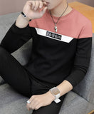 Color Block Men Round Neck Grey T-Shirt Black-peach- white