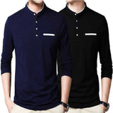 Solid Men Mandarin Collar White, Blue T-Shirt Blue Black