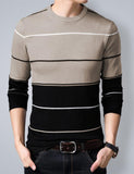 Striped Men Round Neck Yellow T-Shirt Black-Beige-White